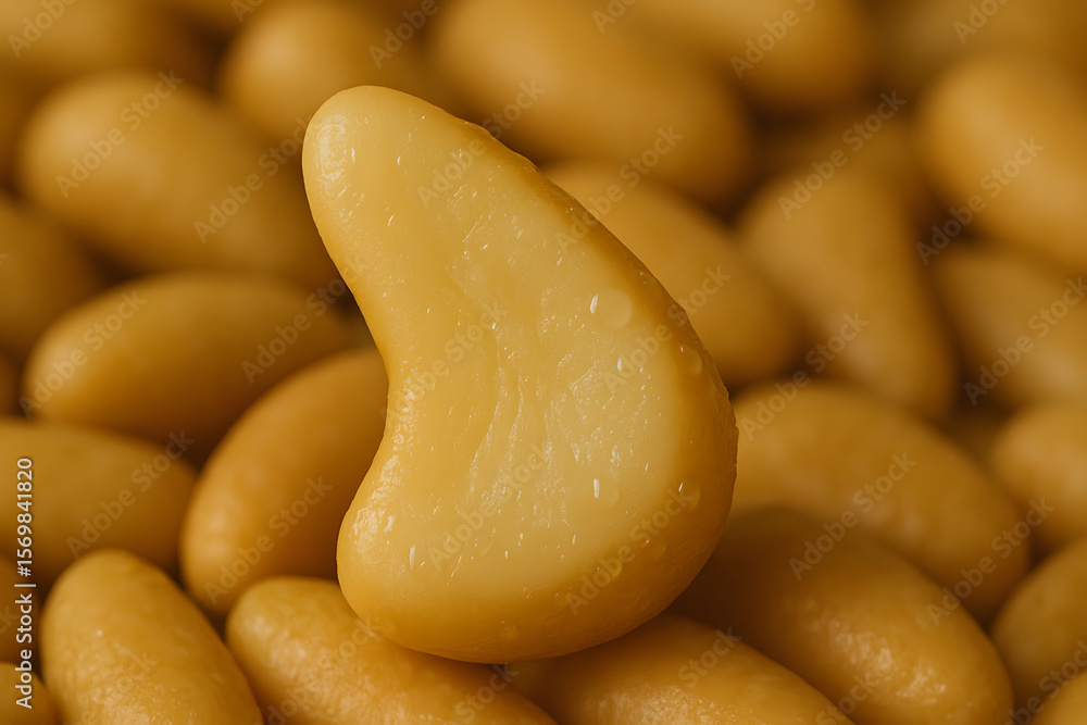 A close-up photo of a half-cut pine nut placed on a pile of whole pine nuts A close-up photo of a half-cut pine nut placed on a pile of whole pine nuts