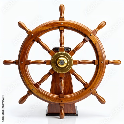 Nautical navigation: Detailed wooden ship's steering wheel element illustration on white background