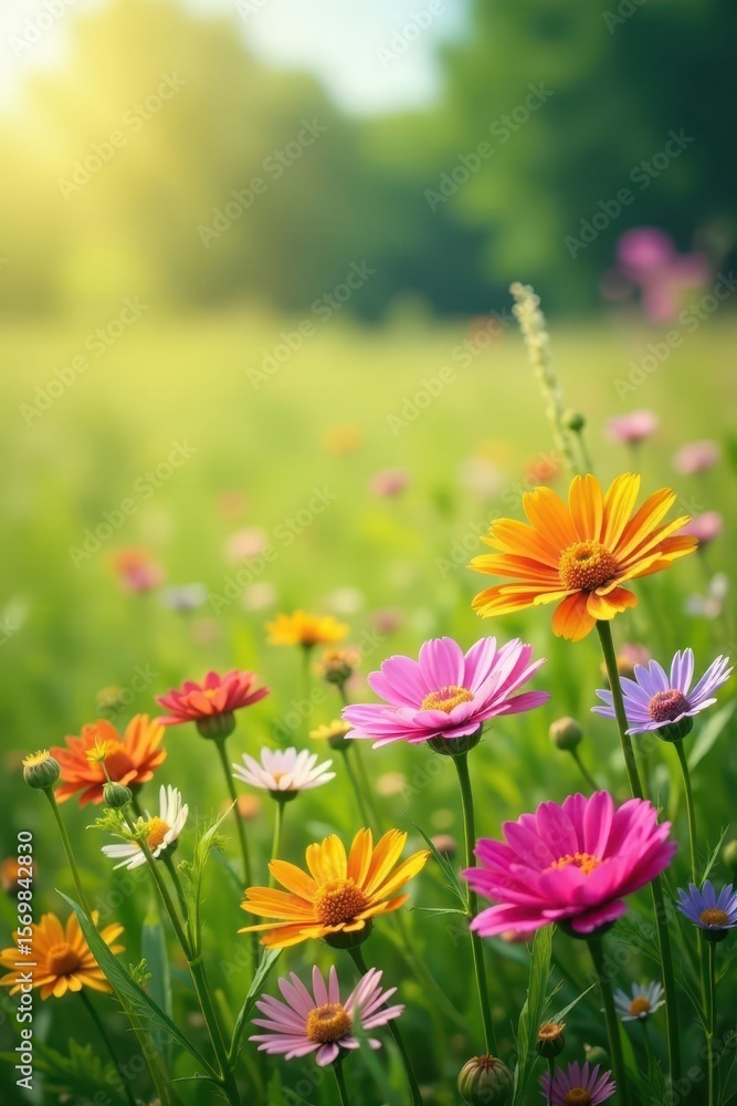 Vibrant wildflowers, gentle breeze, summer meadow, colorful, countryside Vibrant wildflowers, gentle breeze, summer meadow, colorful, countryside