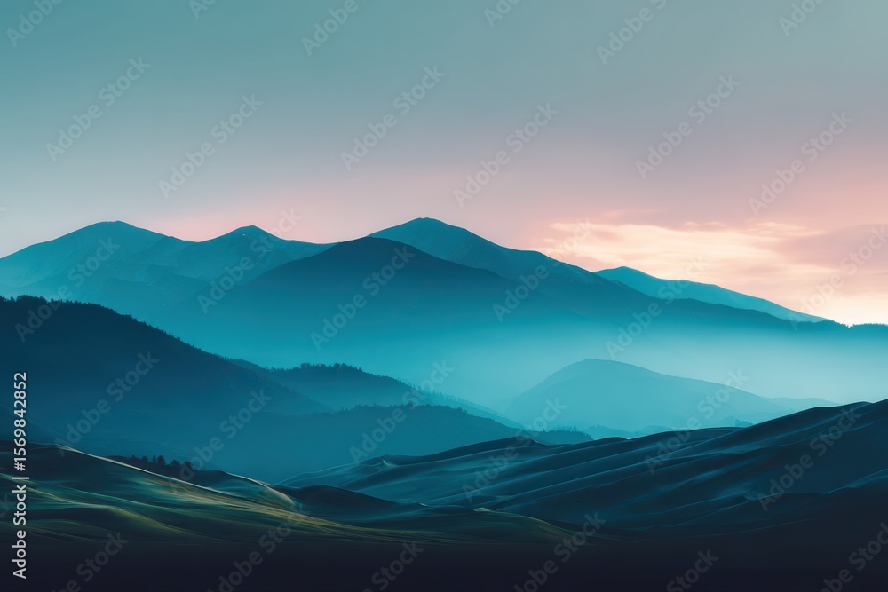 Obraz premium A minimalist desert sunset landscape featuring a distant mountain range silhouetted against the colorful sky.