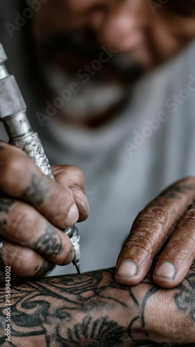 Close-up of a tattoo artist’s hands working carefully on a client’s skin.

