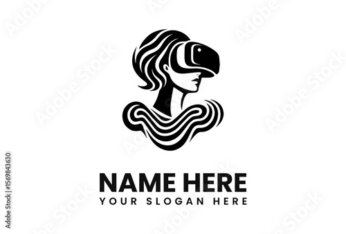 A stylized logo of a woman wearing a VR headset with wavy lines forming her collar.