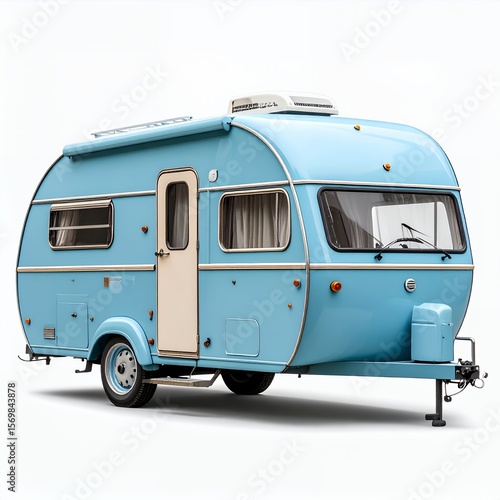 Tranquil getaway vintage blue caravan, wanderlust vehicle concept, travel on white background