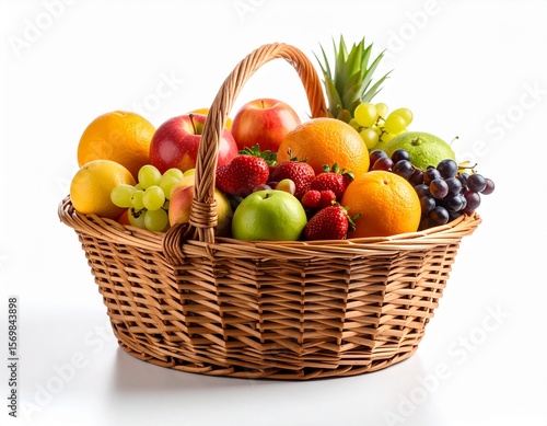 A basket full of fruit on a white backdrop. 