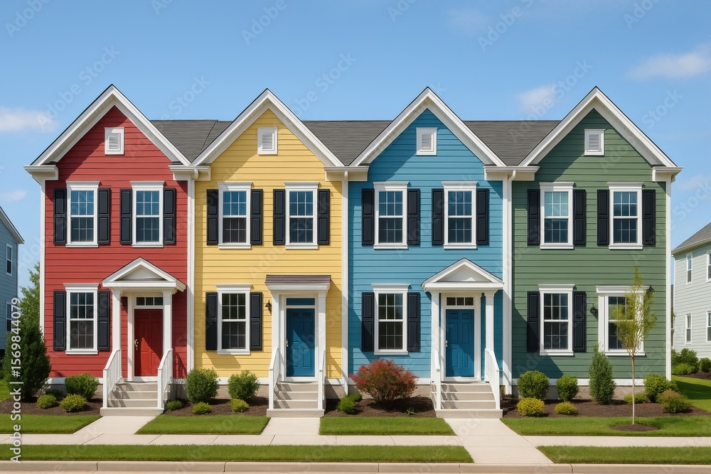 Obraz premium Vibrant Townhouse Facades: A row of colorful townhouses with inviting exteriors. The scene captures the charm of suburban living, with each house showcasing a unique hue and architectural style.