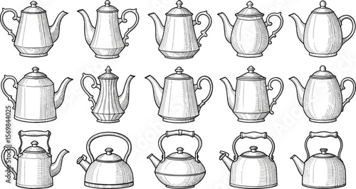 Vintage teapot and kettle collection hand drawn illustration set, antique kitchenware sketch bundle, retro tea pot design elements, classic cooking utensil clipart vector