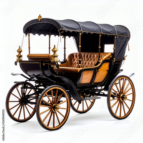 Elegant vintage carriage with ornate details and luxurious seating on white background