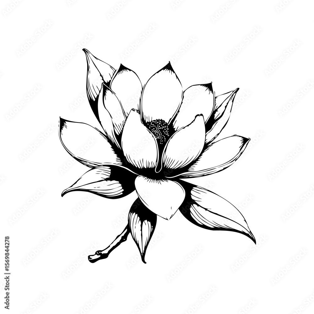 Obraz premium Elegant botanical illustration featuring a blooming magnolia flower with detailed petals and leaves in black ink