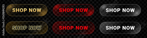 Shop now button icon set in glass effect. Buy symbol icons transparent style. Online shopping click buttons