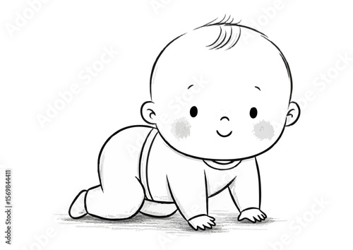 Cute crawling baby illustration with a sweet smile in a simple line drawing style copy space