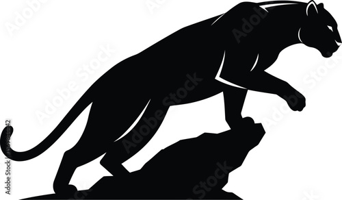 Sleek black panther poised on a rocky ledge, depicted in a striking silhouette, embodying stealth, power, and readiness to spring – an ideal vector illustration for sports teams, aggressive branding, 