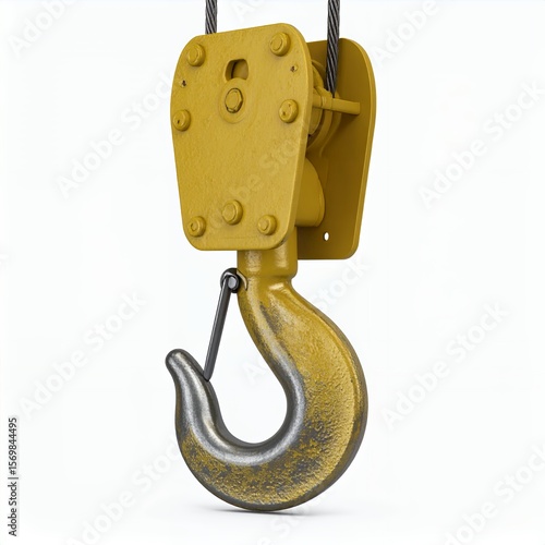 Isolated crane hook with sturdy mechanism showcasing industrial strength on white background
