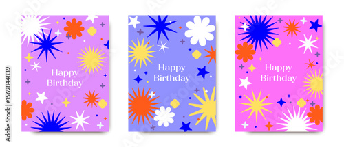 Happy birthday card. Cover design. Template for banner, sales and promotion. Abstract modern colorful shapes, background design for notebooks, covers, brochures.