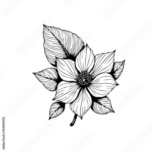 Botanical illustration of a flowering plant with detailed line work depicting elegance and natural beauty in monochrome