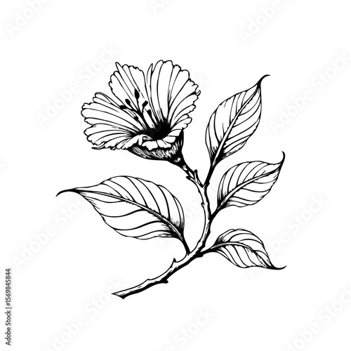 Elegant botanical illustration depicting a delicate flower with graceful leaves isolated on white background artful simplicity