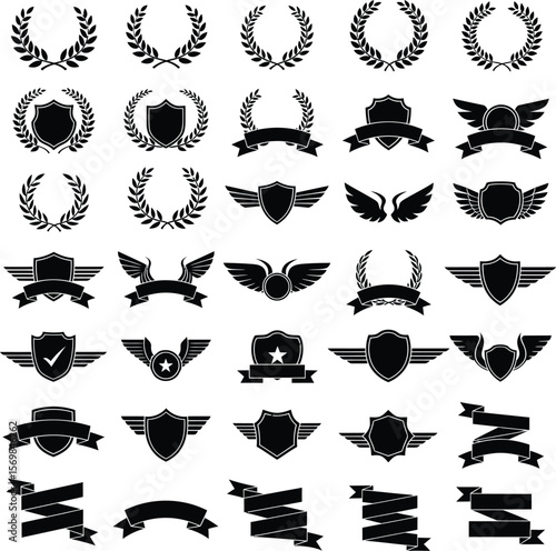 Collection of black laurel wreaths shields and banners for awards and recognition