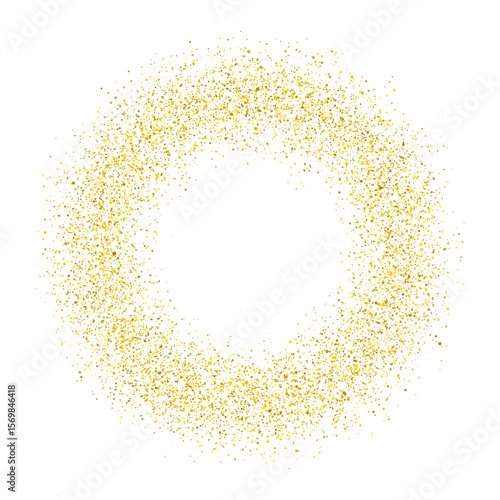 Gold glitter round frame. Shiny circle with gold confetti isolated on transparent background. Abstract luxury backdrop golden sparkles shape decoration for Christmas or New year's eve. Vector