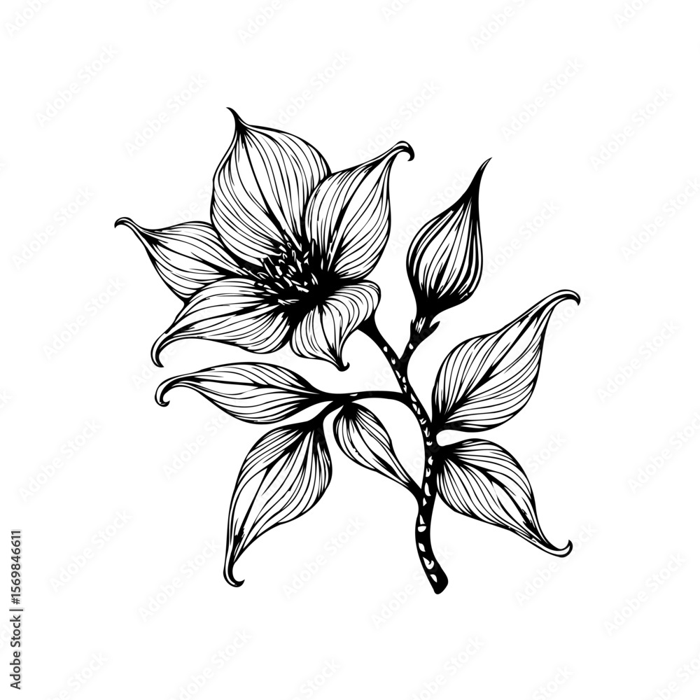 Obraz premium Detailed floral illustration featuring intricate line work showcasing delicate petals and budding blooms a beautiful botanical creation
