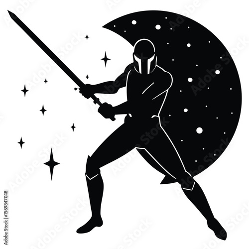 Mandalorian Warrior in Silhouette Wielding a Sword Against a Cosmic Backdrop a Striking Fusion of Science Fiction and Fantasy