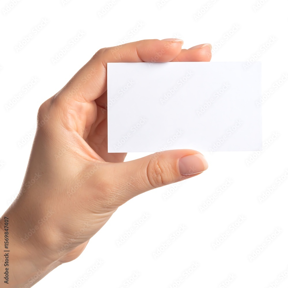 Obraz premium Hand holding blank business card isolated on white background.