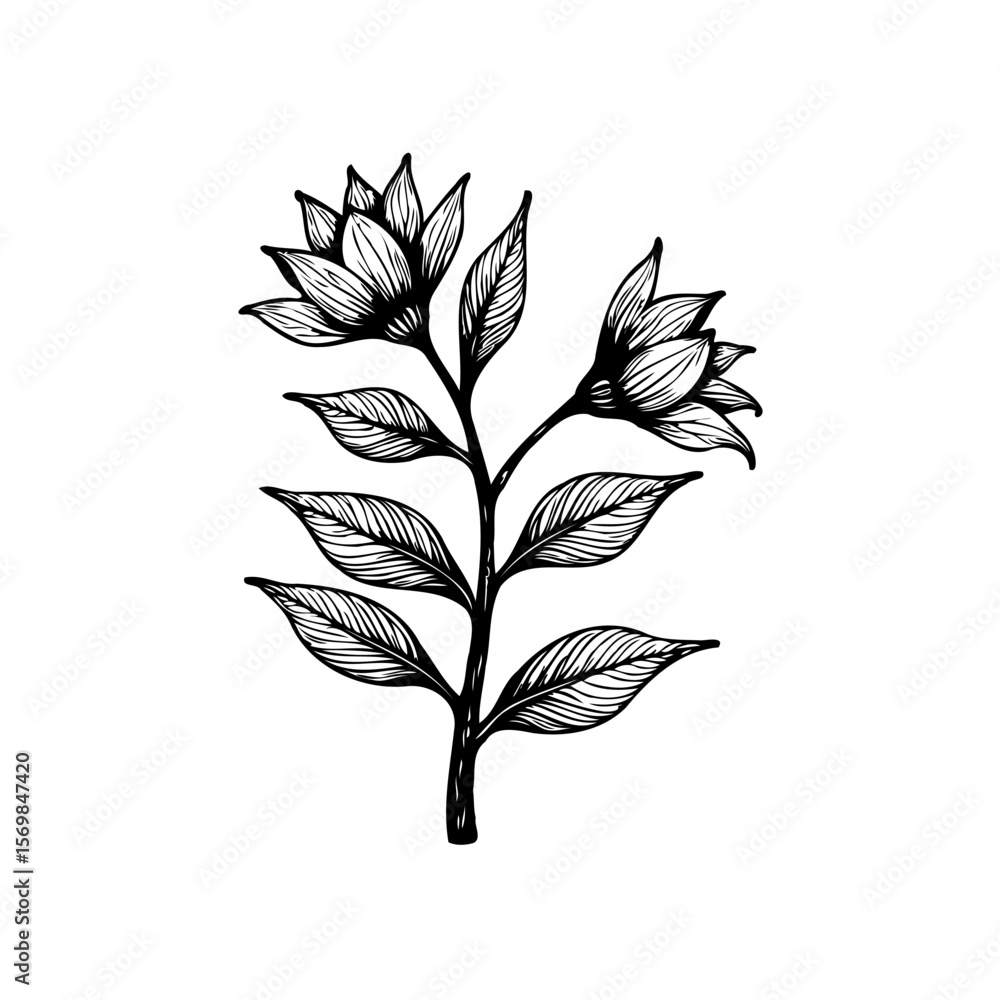 Obraz premium Elegant floral botanical illustration featuring delicate flowers and detailed leaves creating a sophisticated and artistic design showcasing natural beauty