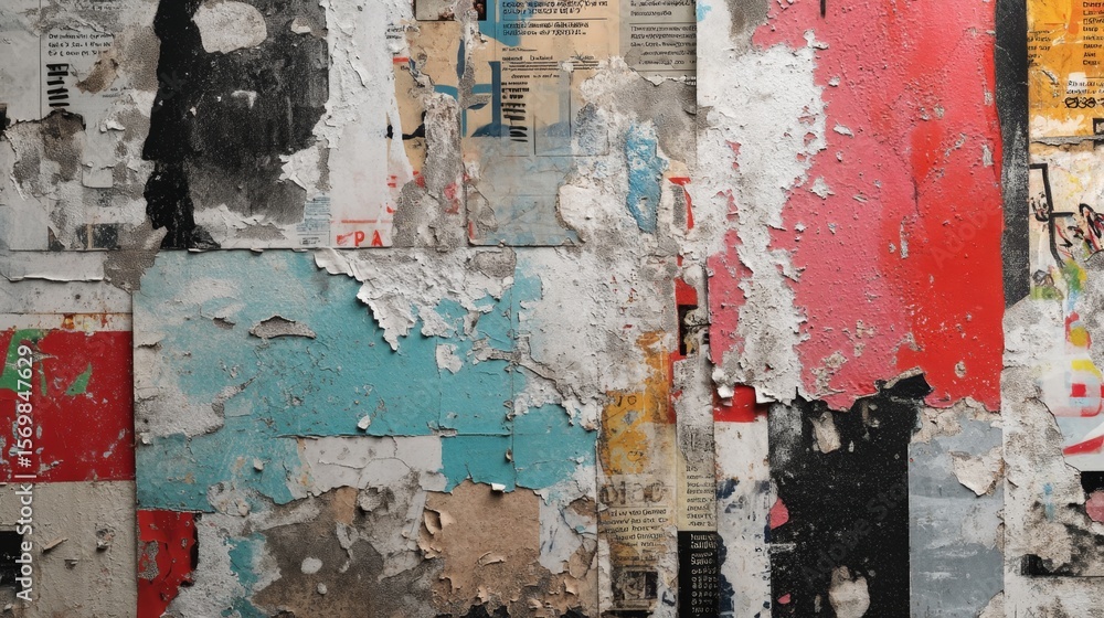 Naklejka premium Chaotic visual layers of posters and textures on a city wall.