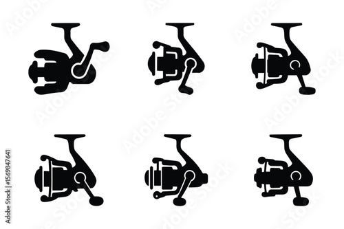 Set of black silhouette fishing reel icons on a white background.