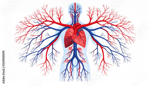 Human Circulatory System Arteries, Veins, and Capillaries Detailed Anatomy Illustration