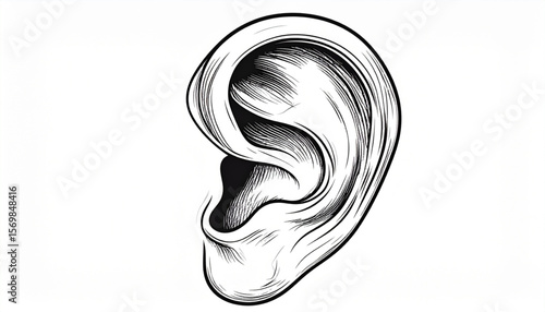 Detailed Line Drawing of a Human Ear Anatomy Illustration