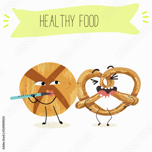 Baked food funny characters, hand drawn vector illustration.