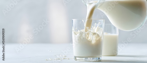 The milk being poured into a glass with a splash effect.