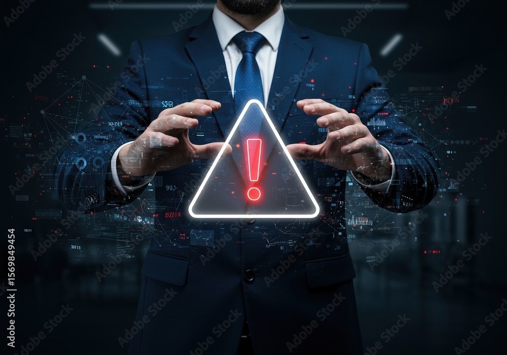 Naklejka premium Business professional holds an attention-grabbing, glowing red warning sign, representing alerts and potential risks.