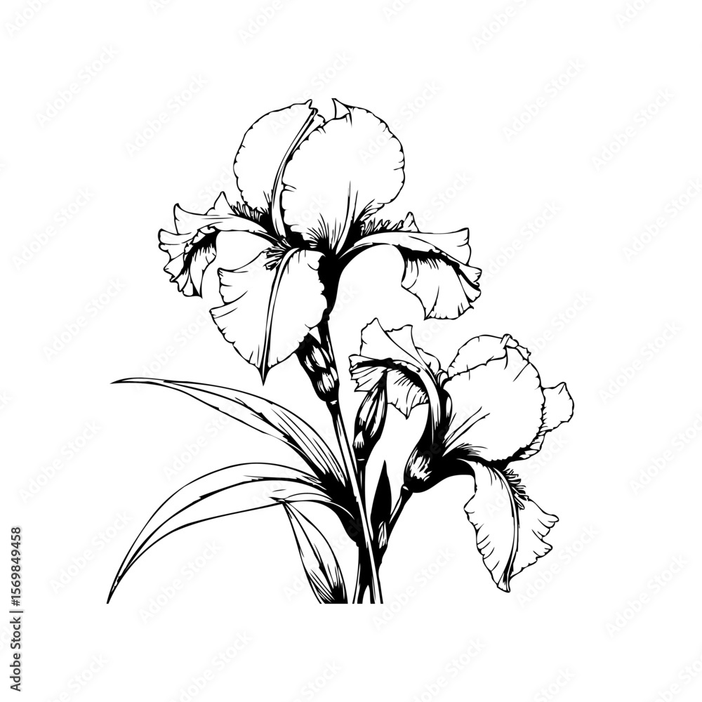 Obraz premium Elegant iris flower line art showcasing delicate petals and leaves creating timeless botanical illustration art