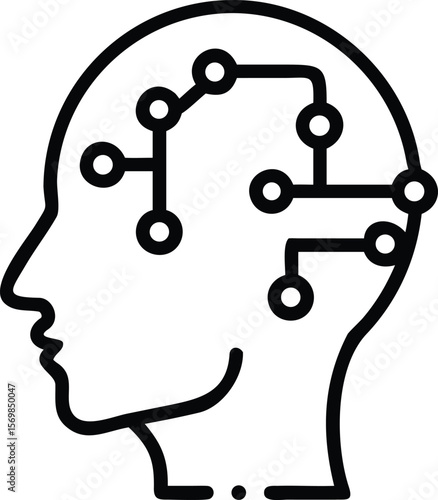 Black and white line art illustration of a human head with interconnected nodes inside symbolizing neural network or brain activity