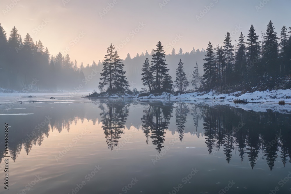 Fototapeta premium Icy lake surface, pale winter sky reflected, evergreen silhouettes, nature, sunlight, winter scene