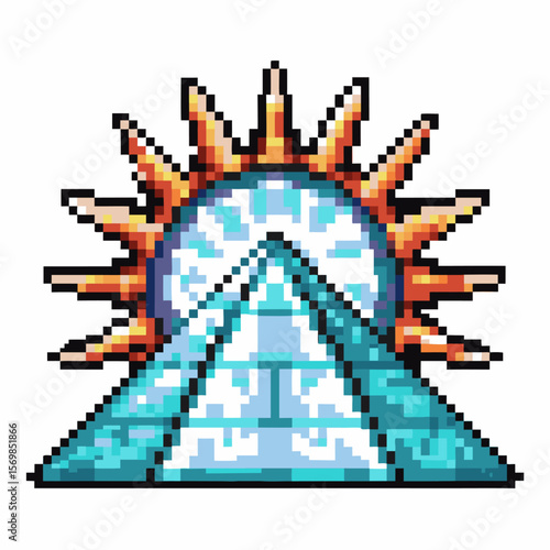 Pixel pyramid with icy blue bricks, radiant sunburst in background retro digital art, geometric ancient inspired icon
