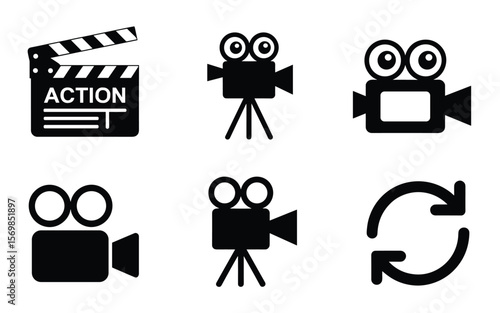 Filmmaking Icon Set – Director, Cameras, and Playback Symbols in Silhouette Style