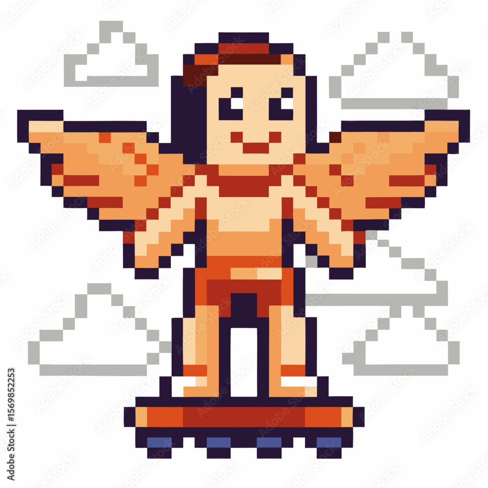 Obraz premium Pixel art winged character flying on hoverboard retro video game style, human with orange wings, clouds in background