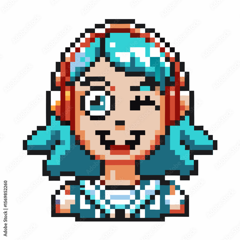 Fototapeta premium Smiling pixel art character with blue hair and playful wink retro video game style, cheerful female avatar, 8 bit illustration