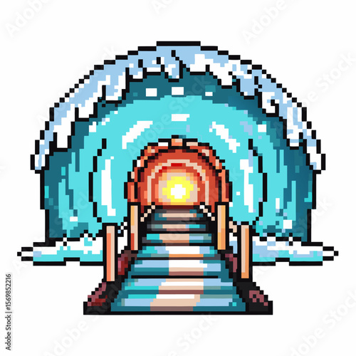 Pixel art ice cave entrance with glowing sun, wooden bridge pathway and blue crystalline snowy tunnel, winter fantasy landscape