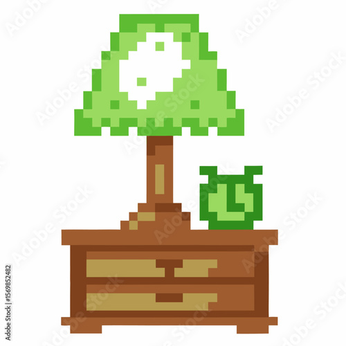 Pixel art table lamp on nightstand with digital clock retro green light, vintage furniture, bedside decor concept