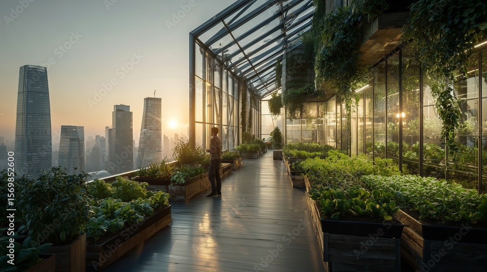 rooftop greenhouse on a modern city building, sunset light reflecting on glass panels, rows of vegetables and herbs inside. rooftop greenhouse on a modern city building, sunset light reflecting on glass panels, rows of vegetables and herbs inside.