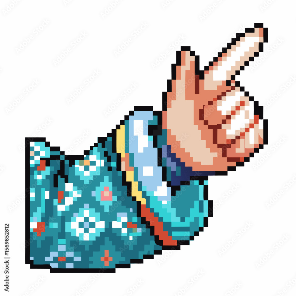 Fototapeta premium Pixel art pointing hand in patterned sleeve, retro video game style, colorful gesture, digital 8 bit icon