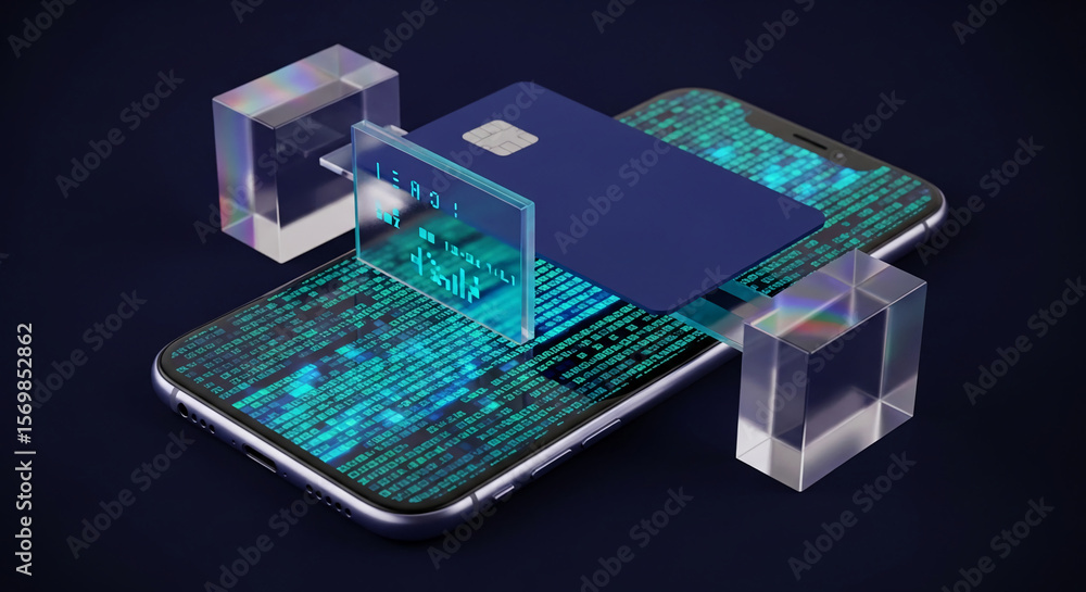 Obraz premium Smartphone displaying code, credit card, and glass cubes; showcasing digital payment security and online transaction concept
