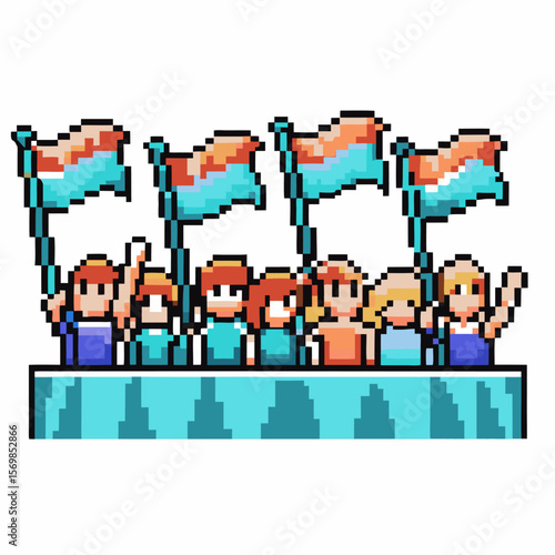Pixel group of people holding flags together crowd unity, community teamwork, celebration in unique retro 8 bit