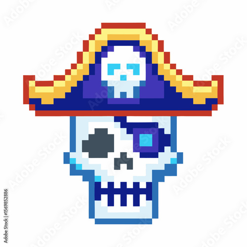 Pixel art pirate skull with eyepatch and tricorn hat retro skeleton head, pirate emblem or mascot illustration