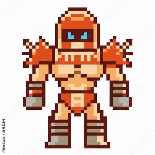Retro pixel art armored warrior in orange helmet and spiked shoulder pads, standing strong with clenched fists, 8 bit