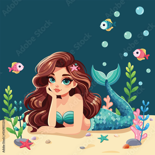 A beautiful mermaid with beautiful eyes lies on the sand with sea plants and fish on dark blue background. Vector illustration in flat cartoon style