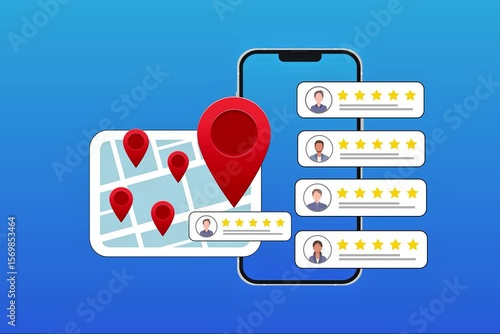 Local SEO. Local seo marketing based on customer ratings and reviews. Regional listings with maps, red pins, and star ratings for nearby places. 2D animation video clip