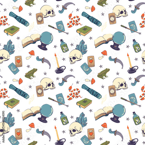 Seamless vector pattern for Halloween. Various items for witchcraft, fortune telling and occultism. Crystal ball, skull, ritual knife, magic wand, tarot cards, snake and grimoire with spells.